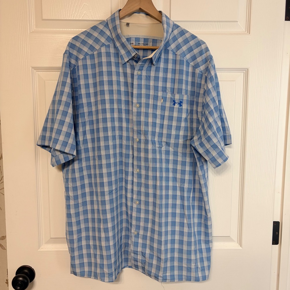 Under Armour Mens XXL Blue Gingham Tide Chaser 2.0 Short Sleeve Fishing Shirt